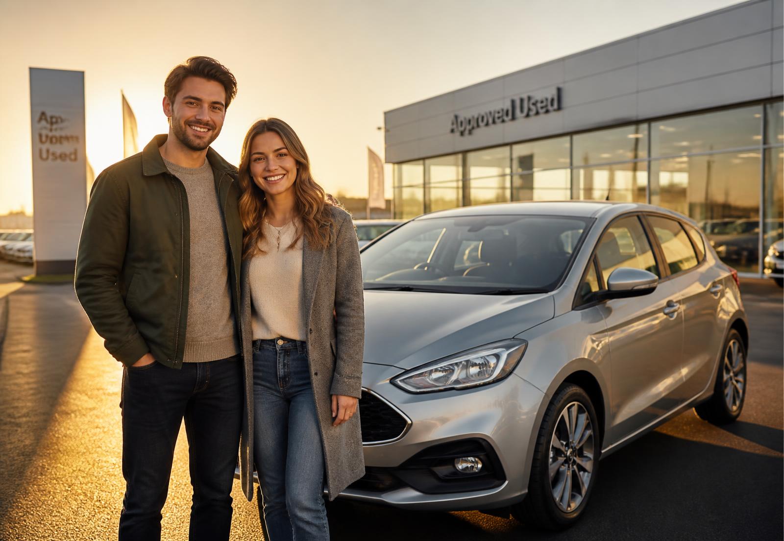Couple collecting their new car from a UK dealership forecourt